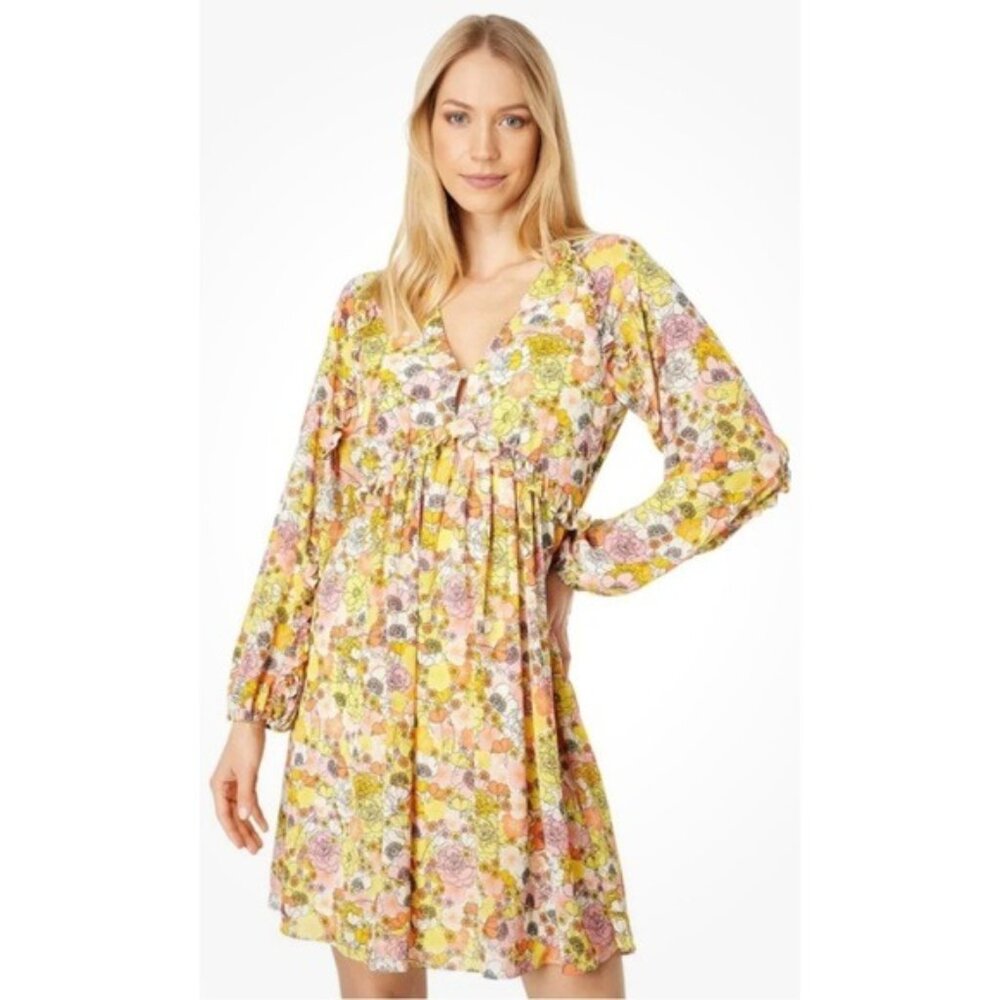 BCBGeneration yellow pink floral ruffle balloon sleeve mini swing dress 8
